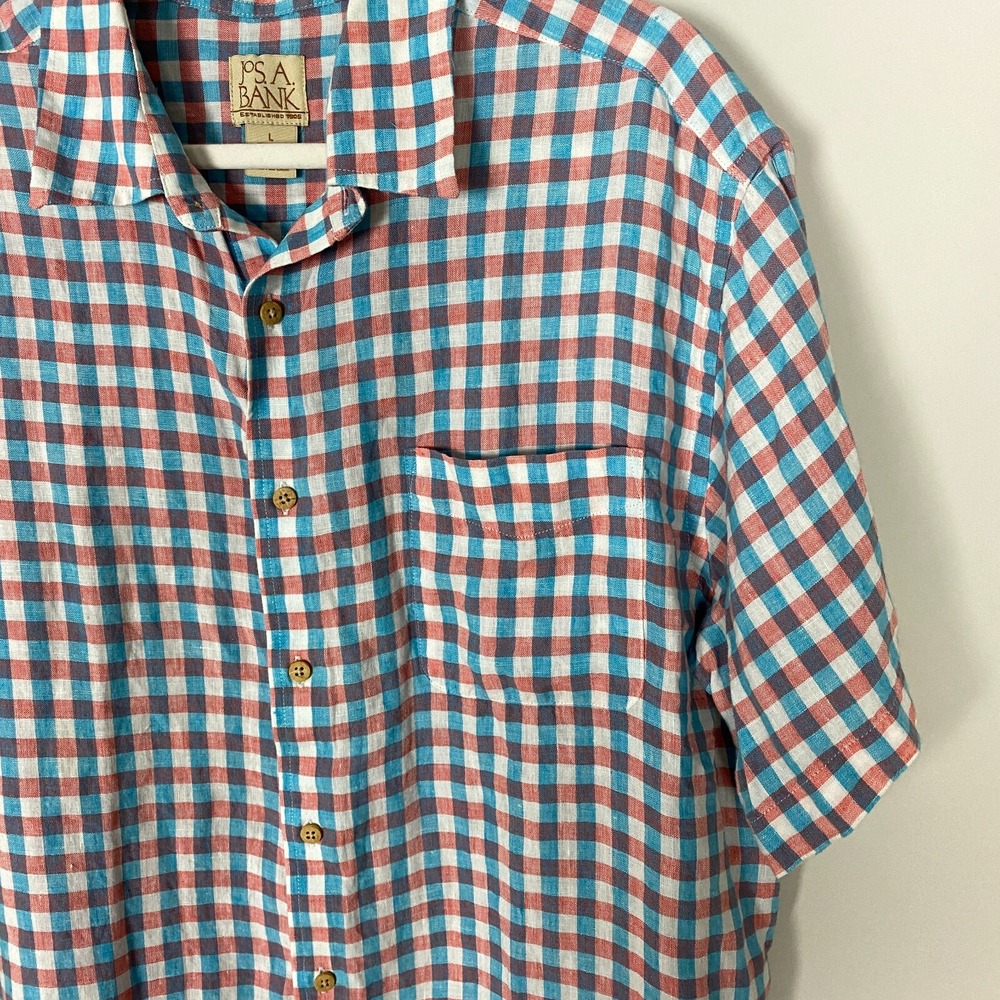 Jos A Bank Plaid Check‎ Linen Button Up Shirt Short Sleeves Mens Large Pink Blue - Picture 3 of 5